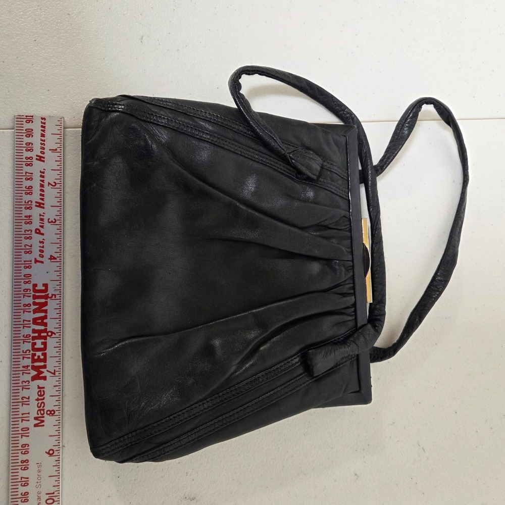 Vintage Black Leather Ruched Frame Handbag Gold Tone Clasp Retro Evening Bag - Picture 4 of 5